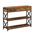 Industrieller Akzenttisch aus recyceltem Holz mit Schubladen, Regalen und schwarzem Metallrahmen, 100 cm