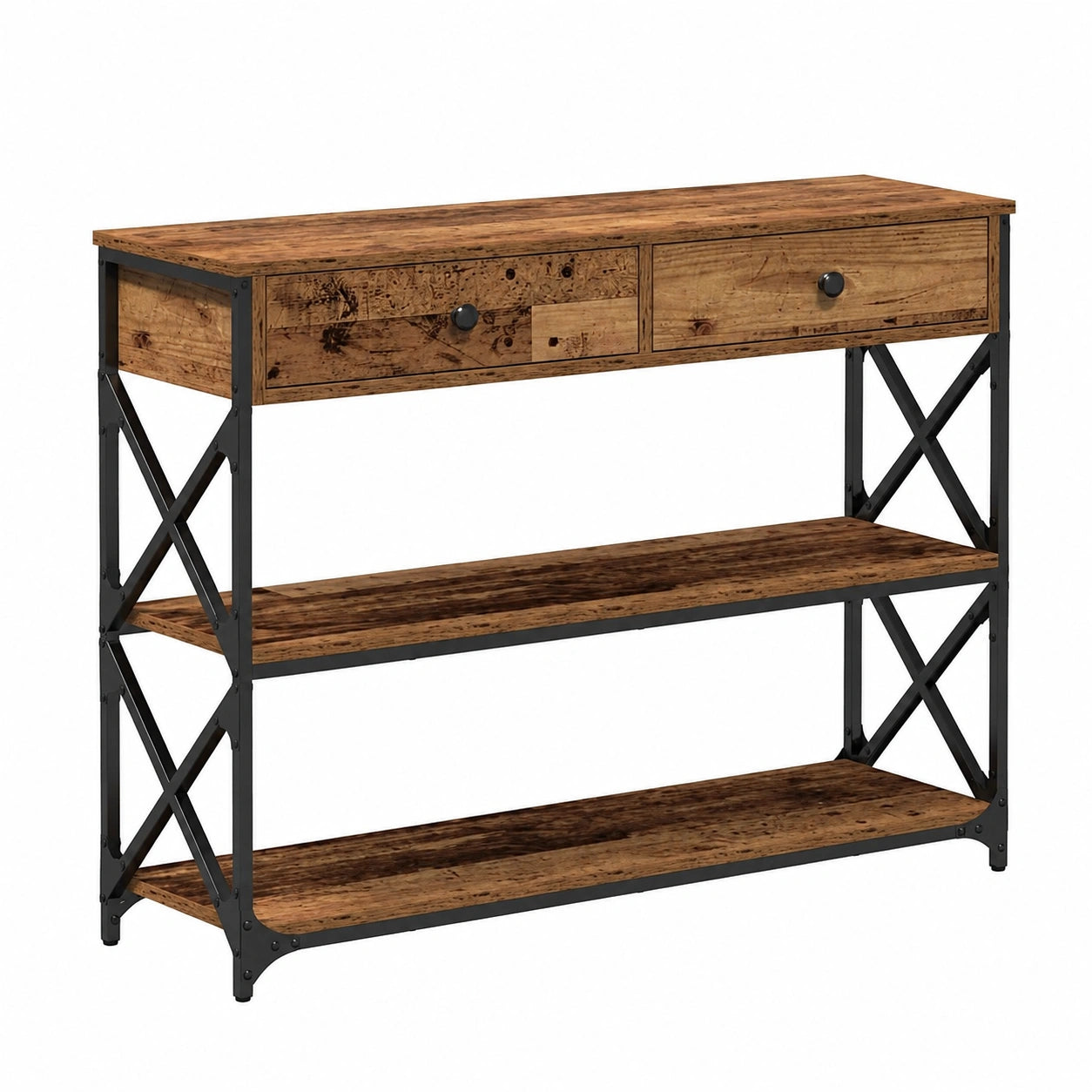 Industrieller Akzenttisch aus recyceltem Holz mit Schubladen, Regalen und schwarzem Metallrahmen, 100 cm