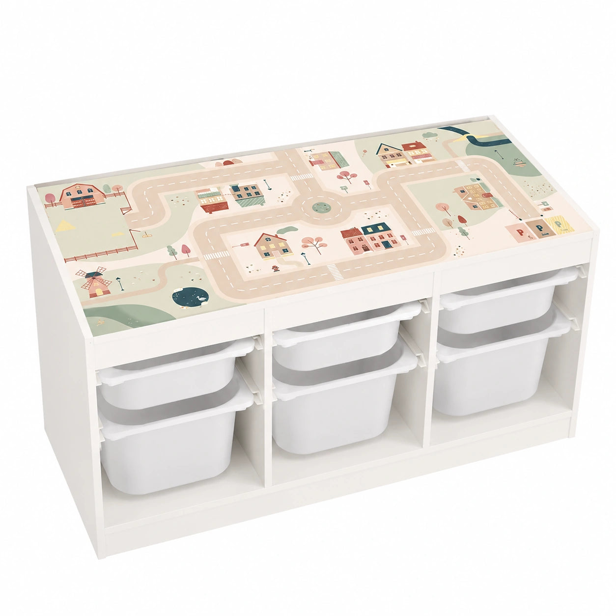 Selbstklebende Dekorfolie für IKEA TROFAST Regal Weiß – Blasenfrei, Bunte Motive für Kinderzimmermöbel – Straßendesign (SMÅDORP)
