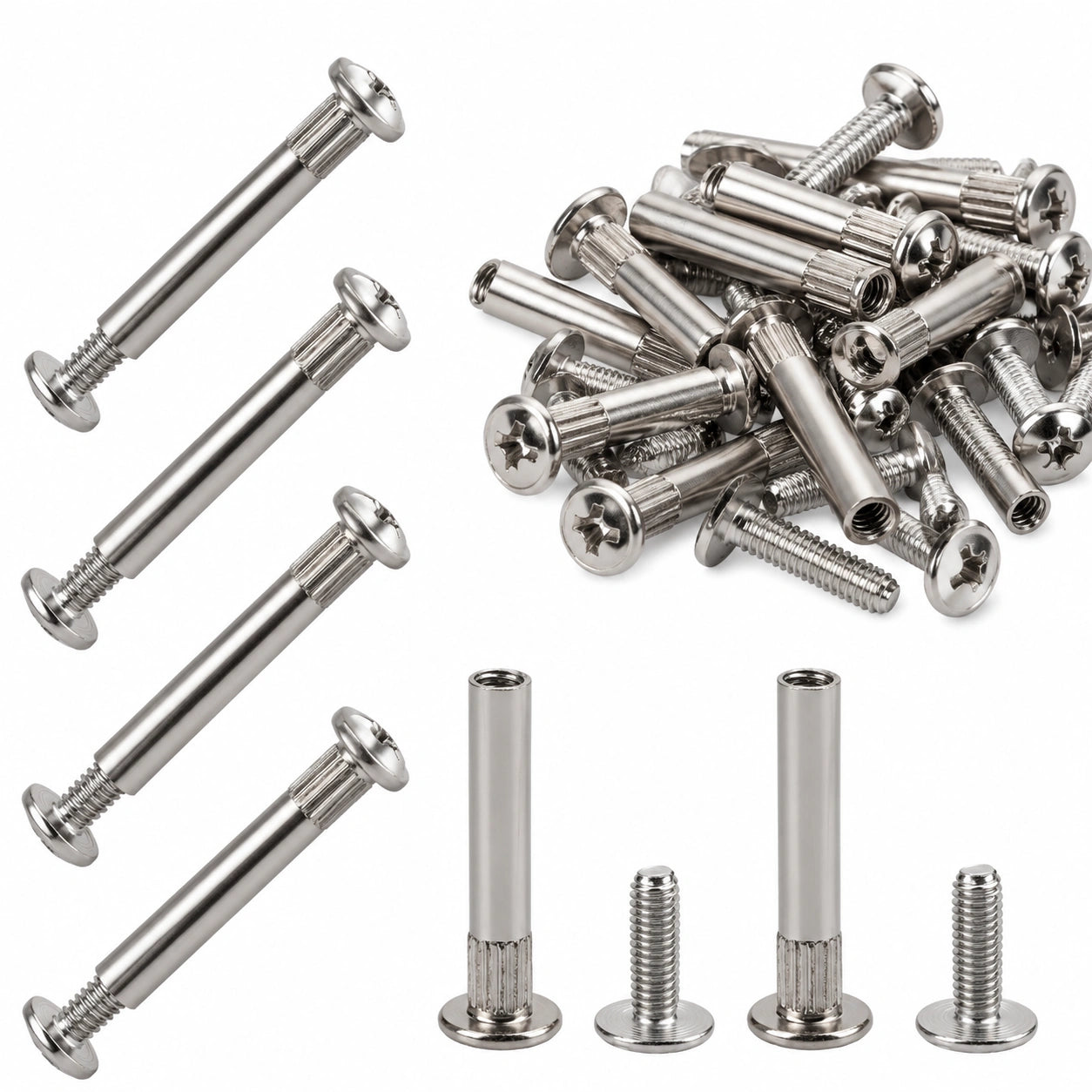 150-teiliger Möbelverbinder-Satz, M4 Schrauben, 31-40mm, vernickelt, inkl. 75 Möbel- und 75 Hülsschrauben